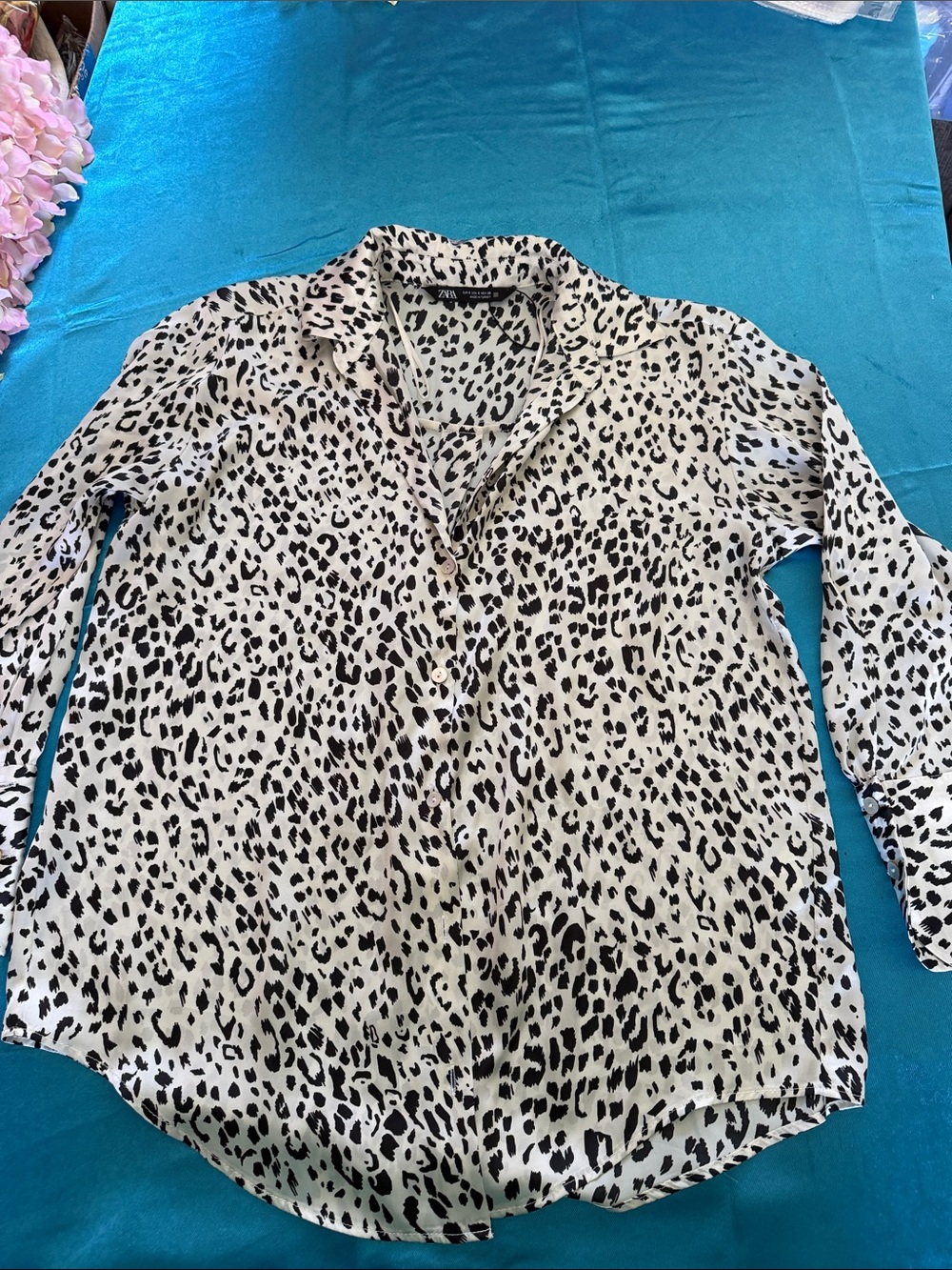 Zara Black and White Leopard Print Button-Up Blouse